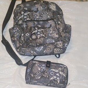 Floral Black and Gray Backpack and Wallet Set
